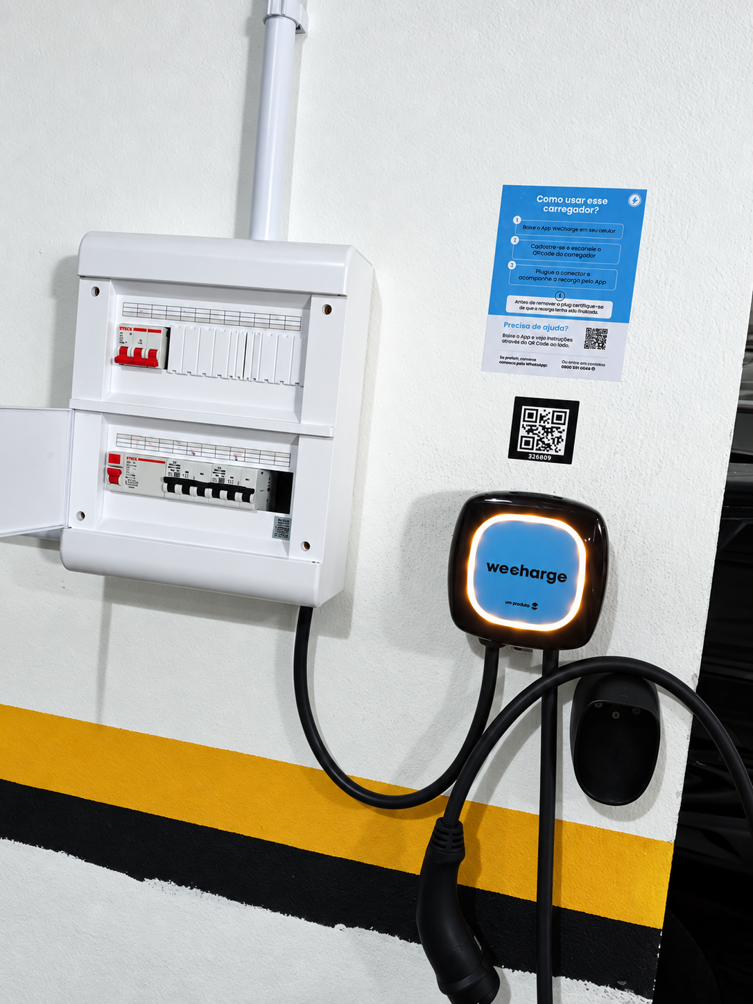Carregador veicular Wallbox instalado com quadro elétrico